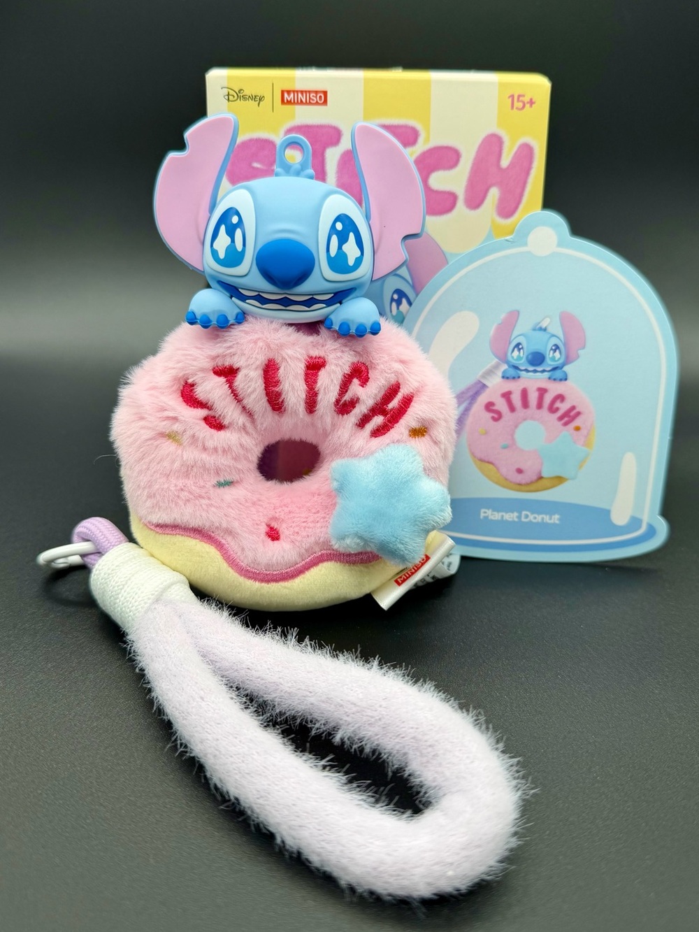 Disney Blue Stitch Pink Donut Plush Keychain with Star Charm